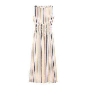 Maria de la Orden Smocked Midi Dress in White Multi Stripe